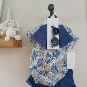Rachel Zoe Blue and Tan Baby Romper Set